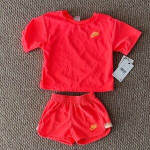 Nike Bright Pink and Yellow Logo Crop Top and Shorts